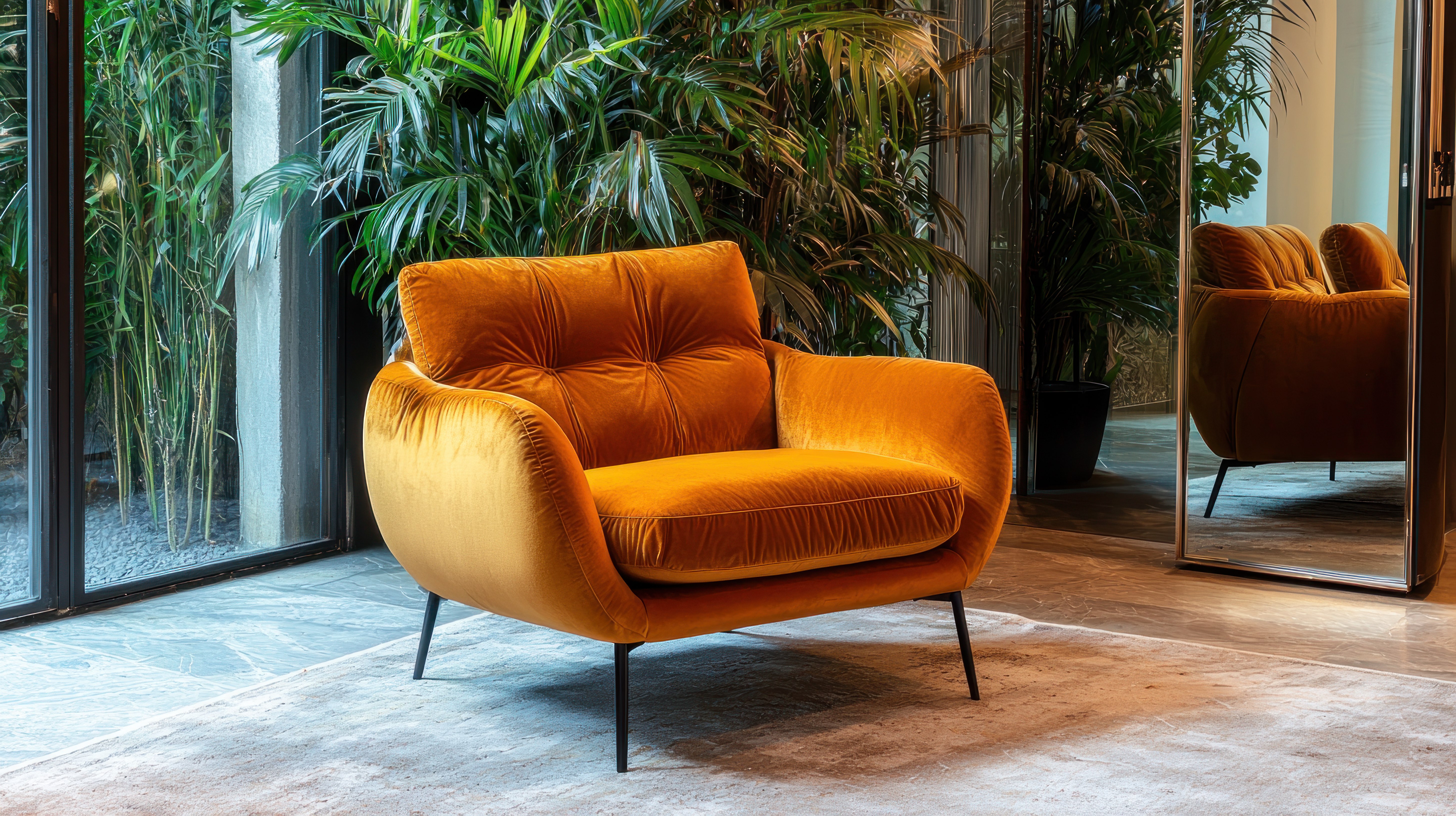 Futuristic orange living room with large tropical window