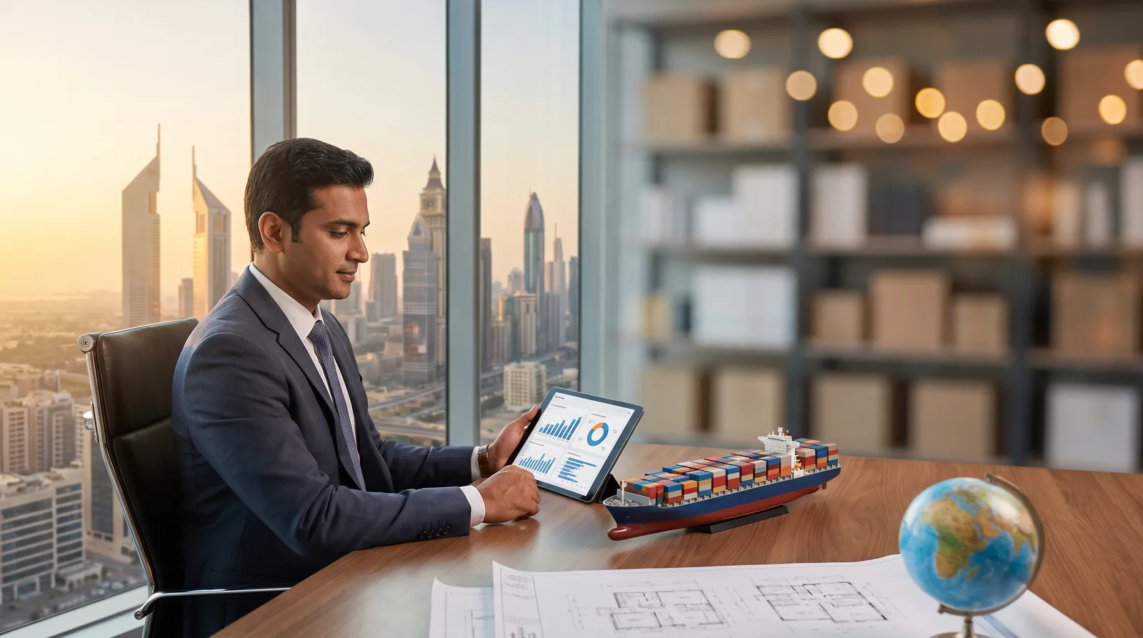 Indian founder reviewing trade and shipping plans near Dubai port containers
