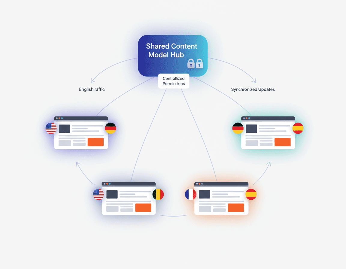 Diagram of a central content hub feeding multiple brand and language sites with governed access controls