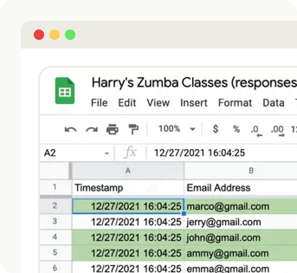 A Google Sheet titled "Harry's Zumba Classes (responses)" shows a timestamp & email address list of
