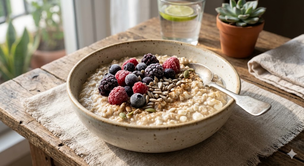 A wholesome breakfast bowl containing creamy oatmeal mixed with cottage cheese, topped with frozen berries and sunflower seeds. The bowl is set on a rustic wooden table with morning sunlight, next to a linen cloth.
