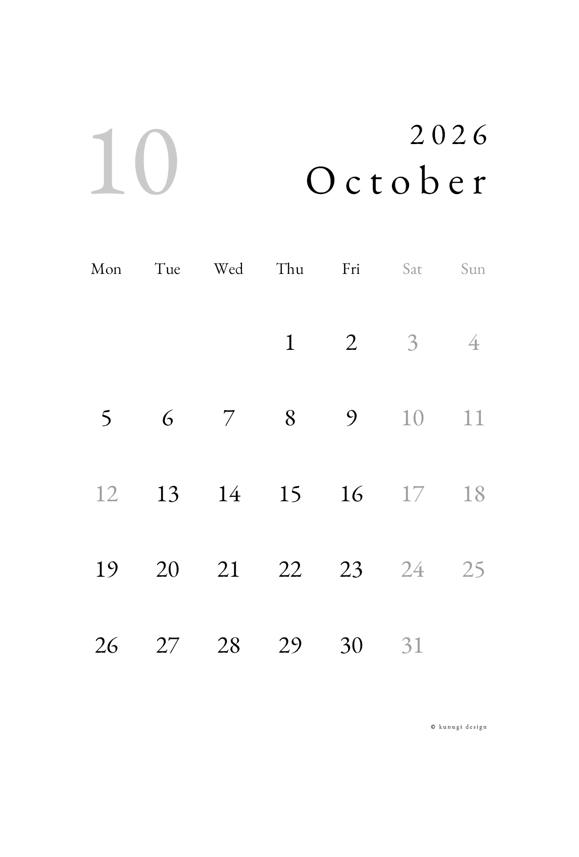 2026年10月カレンダー