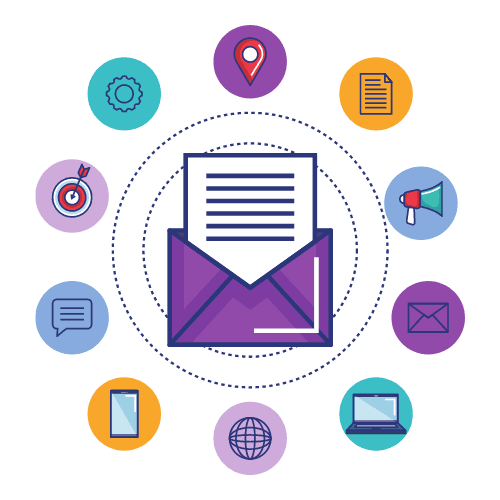 Email marketing envelope surrounded by communication and marketing icons.