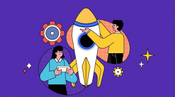 Cartoon images of 3 people and a rocket to indicate the launch of a website