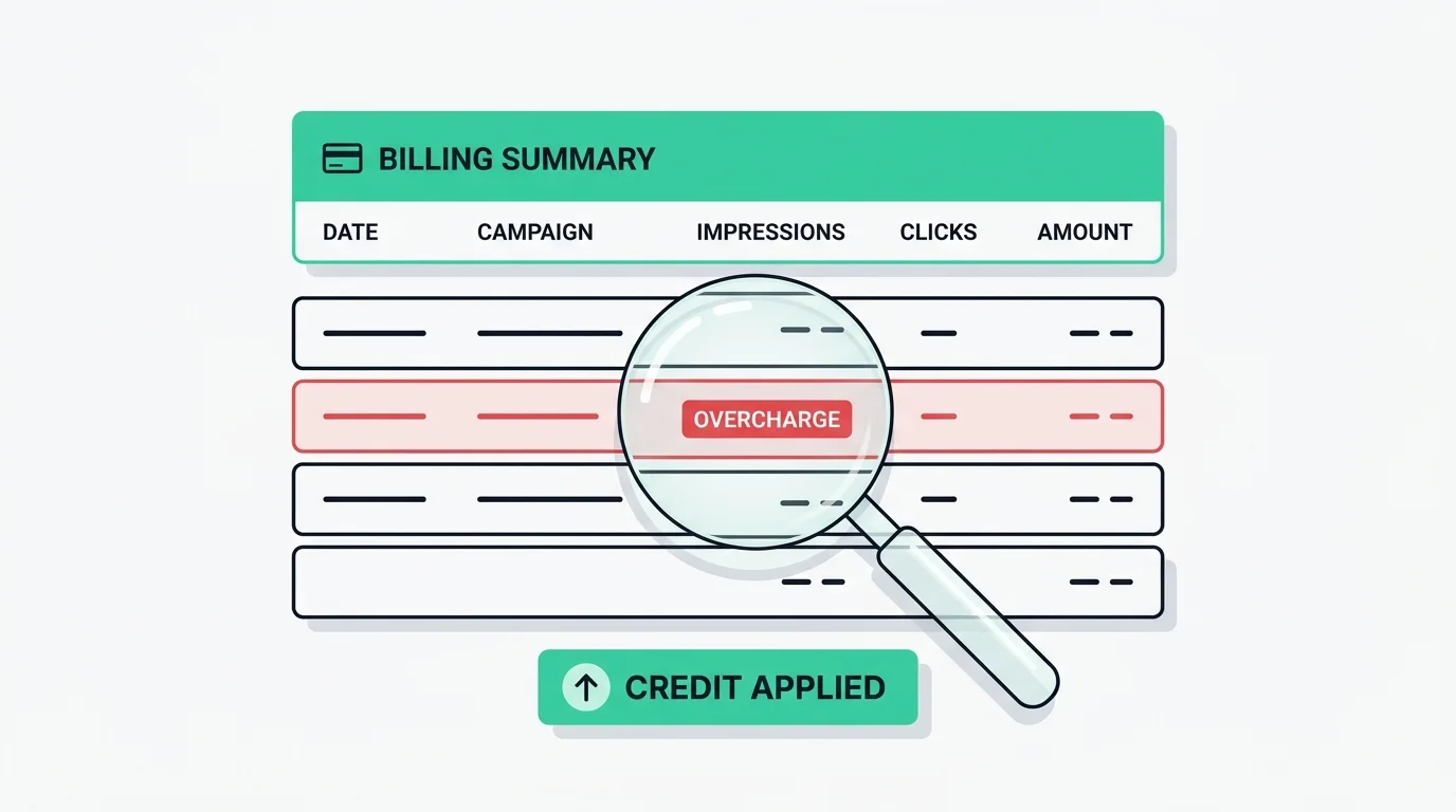Ad-account billing summary with a magnifying glass over the line items, one overcharge flagged in red and a green credit adjustment applied