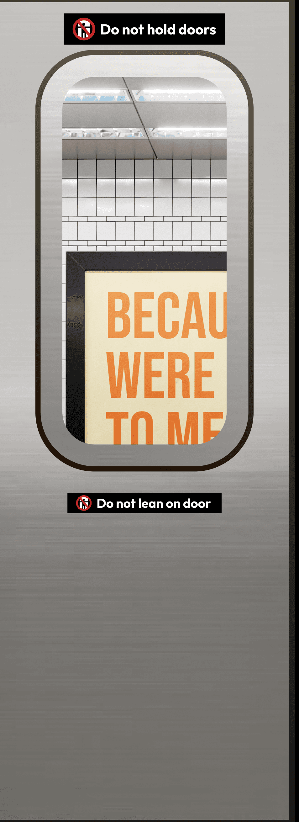 left side of a subway door with an ad peaking through the window