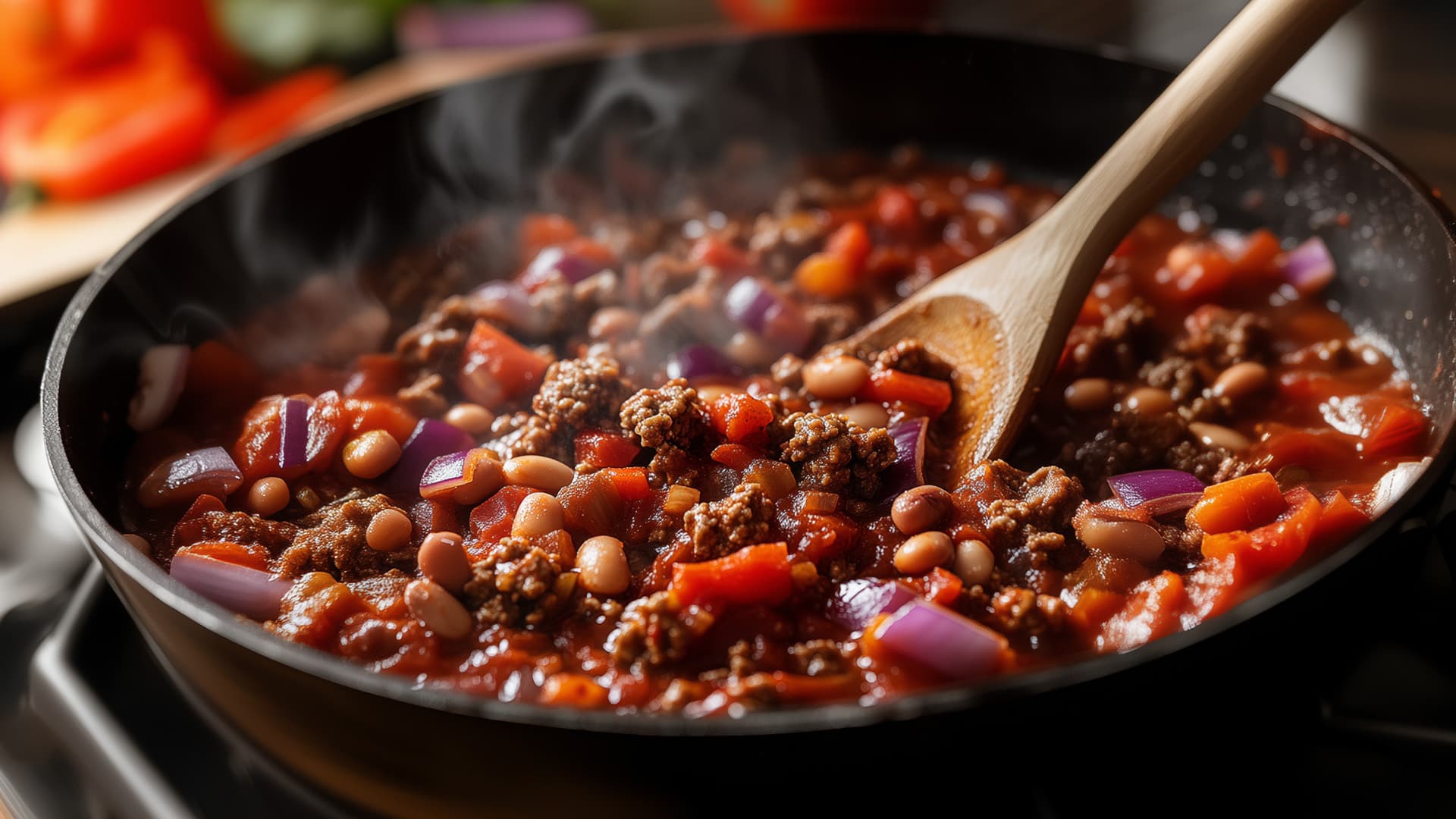 Eine Pfanne mit High-Protein Chili, in der Rinderhack, Bohnen, Tomaten und Gewürze köcheln, mit einem Holzlöffel umgerührt.