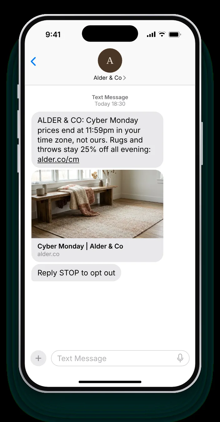 The deadline in local time Cyber Monday text on an iPhone
