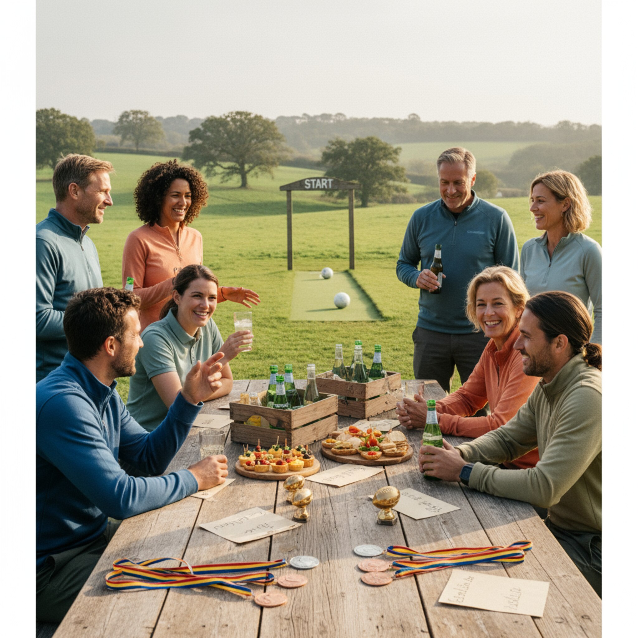 Ein großer Holztisch mit personalisierten Namenskarten, Medaillen und kleinen Pokalen. Daneben Getränkekisten und Teller mit Fingerfood. Eine Gruppe tauscht Lächeln und Pläne für das Spiel, während im Hintergrund die erste Bahn sichtbar ist.