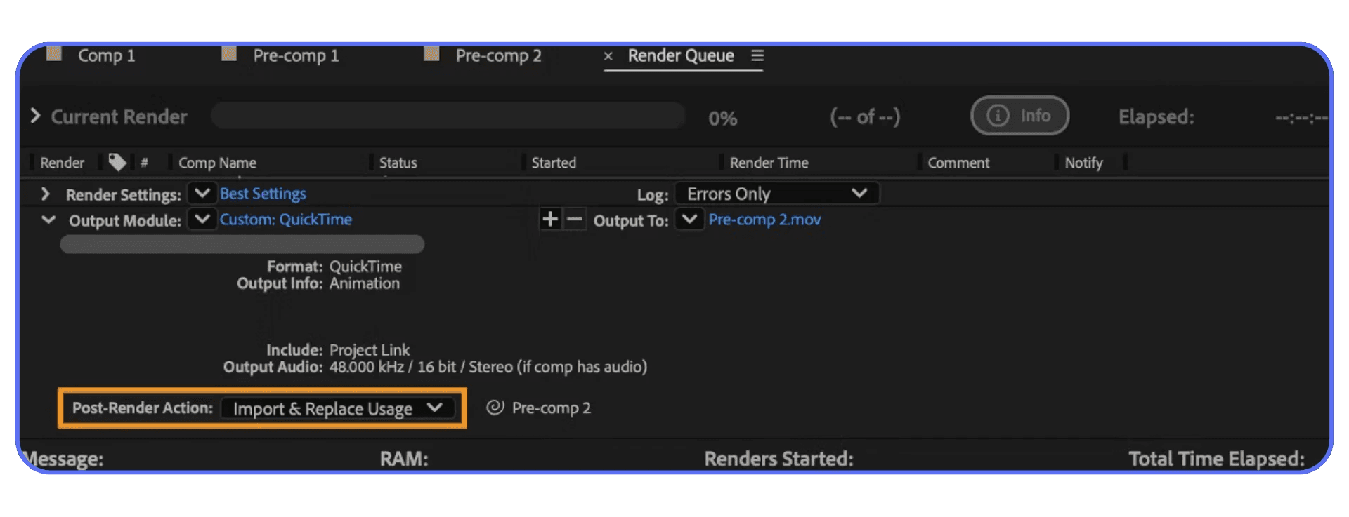 After Effects Render Queue displaying a pre-render setup with import and replace usage enabled