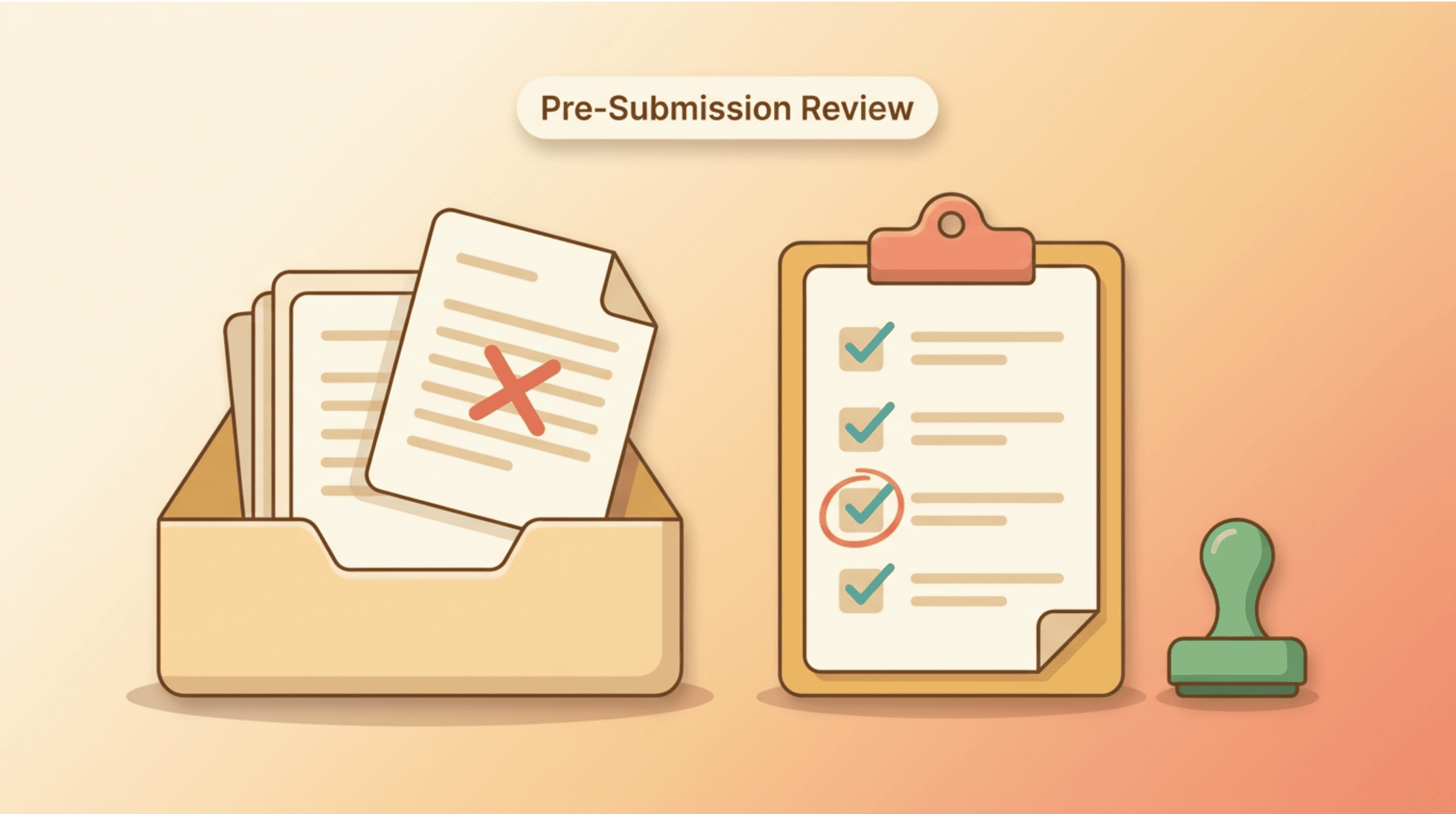 Illustration of a document submission tray, checklist, and approval stamp representing a pre-MLR review quality gate