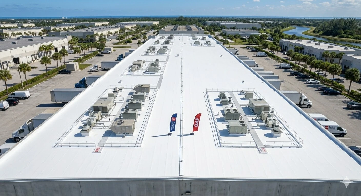 TPO roof replacement South Florida — white commercial TPO membrane installation with heat-welded seams by Roofing Network licensed contractor