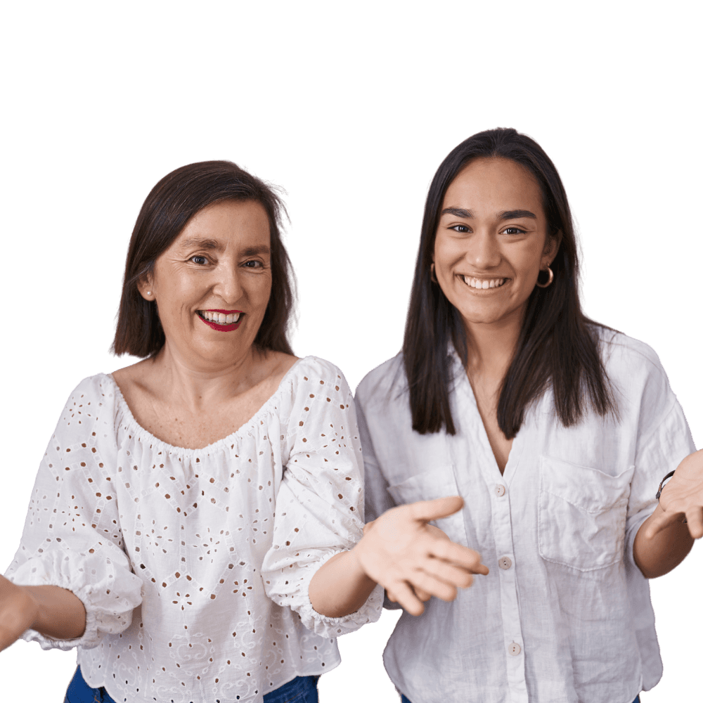Two smiling women standing side by side, representing positive patient relationships and friendly physiotherapy care.