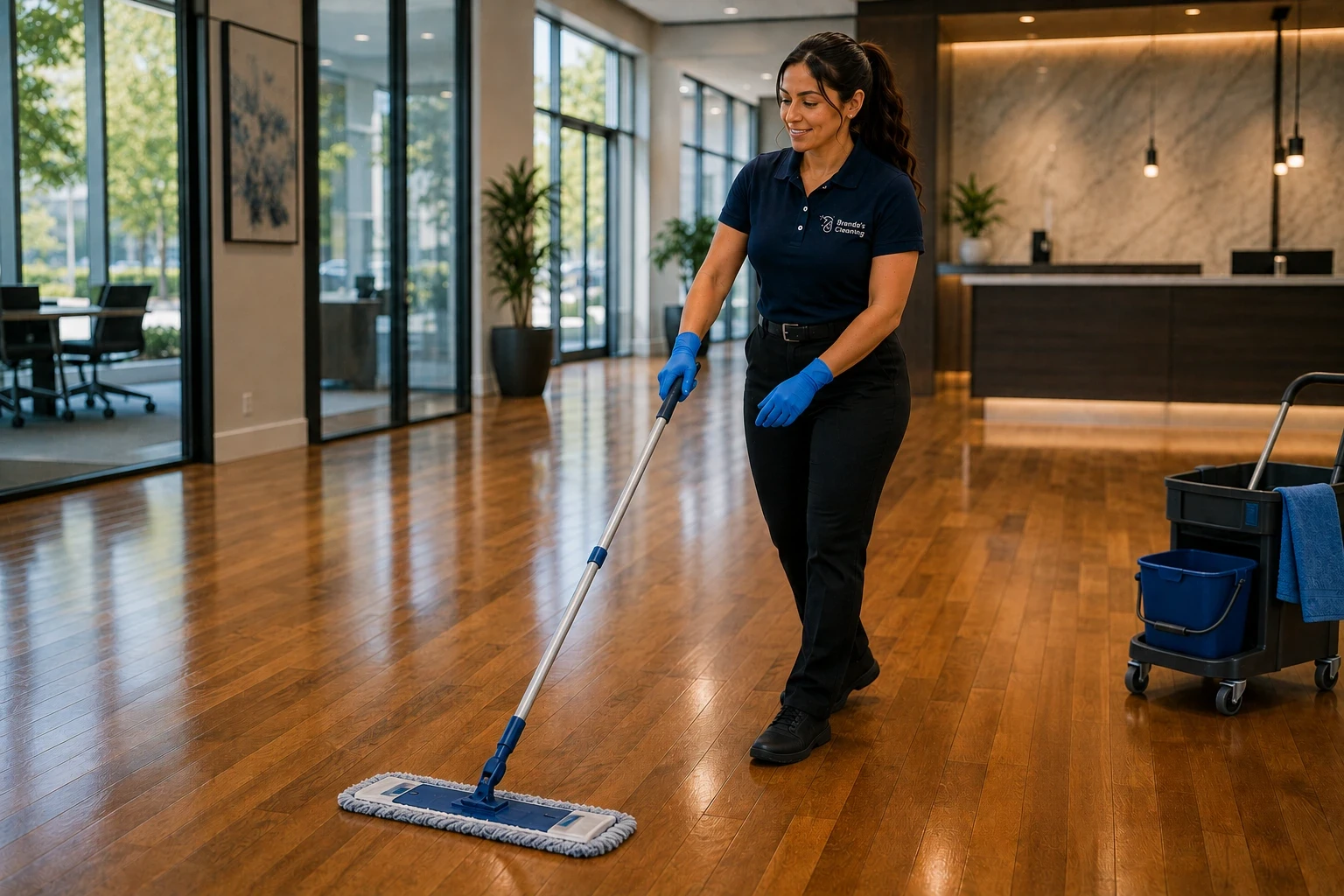 A smiling commercial floor cleaning specialist with Brenda's Cleaning service using a microfiber flat mop to clean polished hardwood floors. Dressed in a company-branded navy blue uniform polo shirt, black work pants with a belt, black sneakers, and blue protective gloves, she is maintaining the high-traffic walkway. Beside her sits a rolling janitorial cleaning cart equipped with a blue mop bucket and microfiber cloths. The scene highlights professional commercial floor care, hard surface floor cleaning, and property janitorial services inside a large, modern corporate building lobby featuring glass-walled offices and a reception desk in the background.