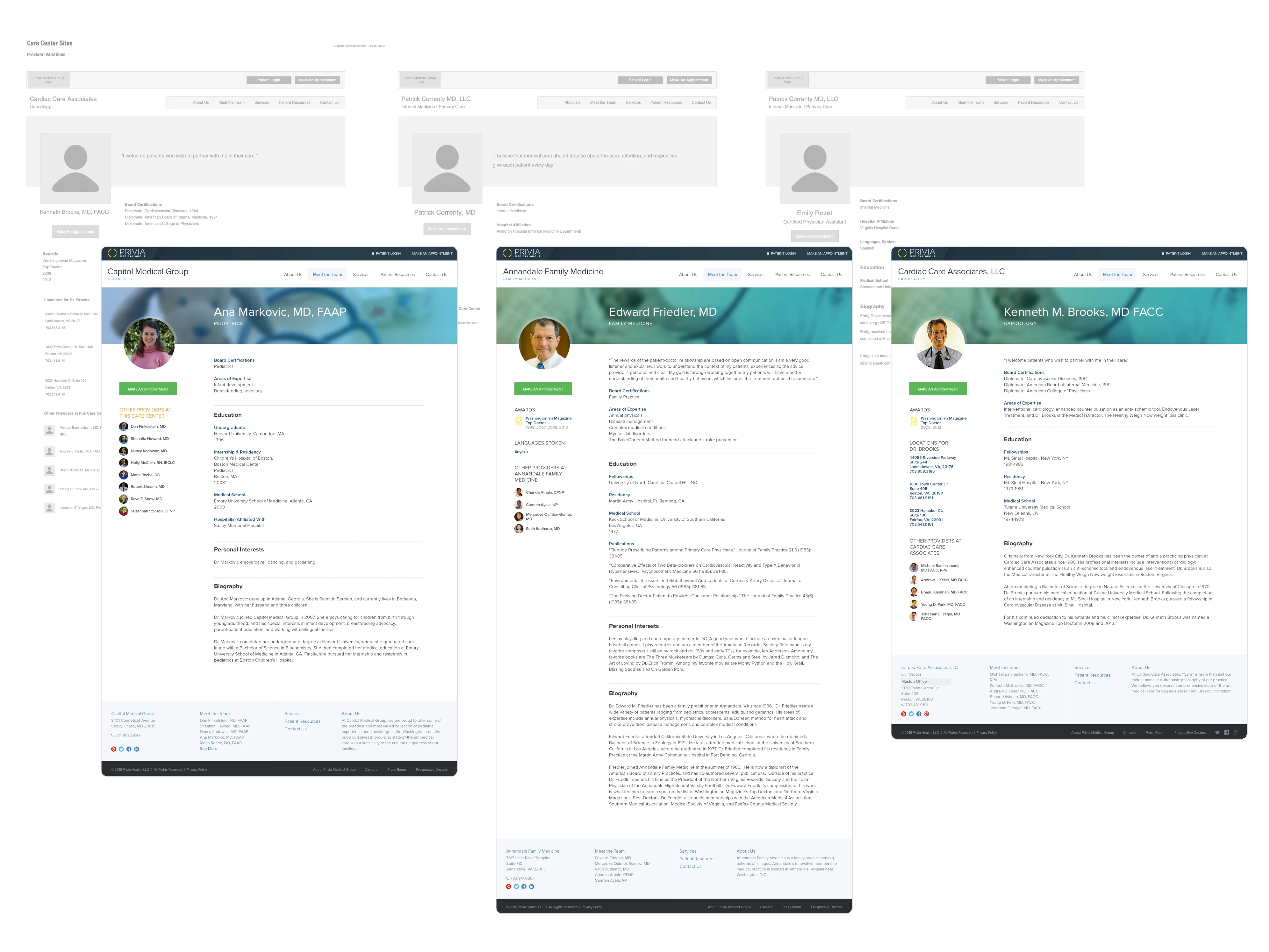 Wireframes and designs for individual physician pages.