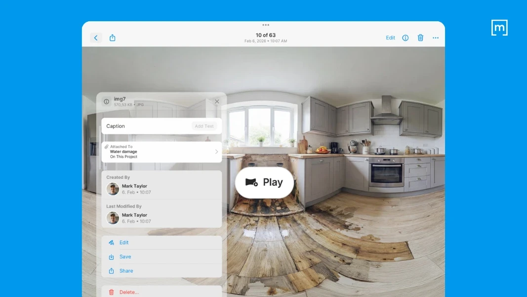 photo of a room with water damagecaptured in 360 degrees with maggicplan