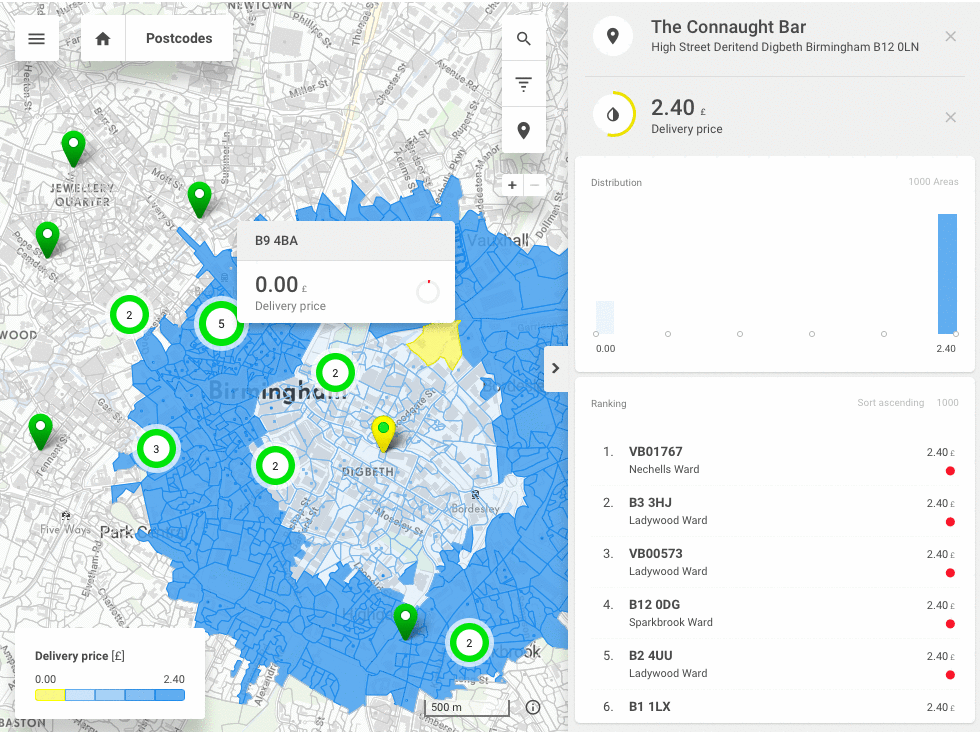 Map of delivery zones set up by delivery prices.