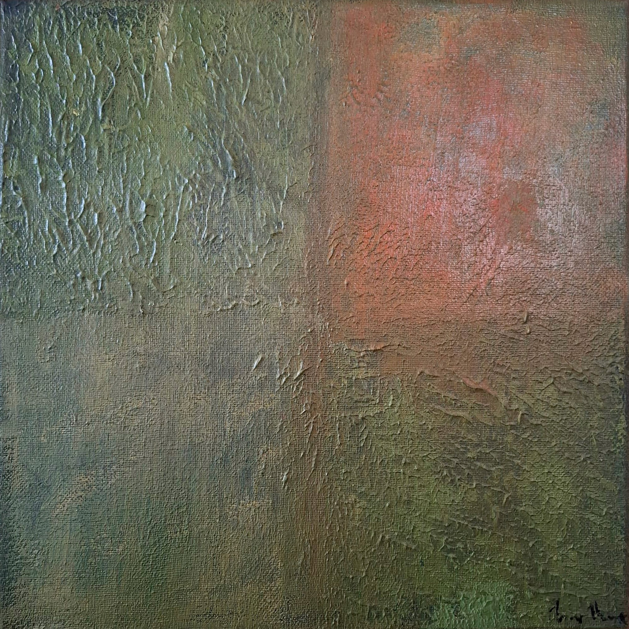 Pittura materica astratta su base di colore acrilico verde salvia che lascia intravedere sagome rosse sottostanti, acrilico tela, Corteccia e Luce