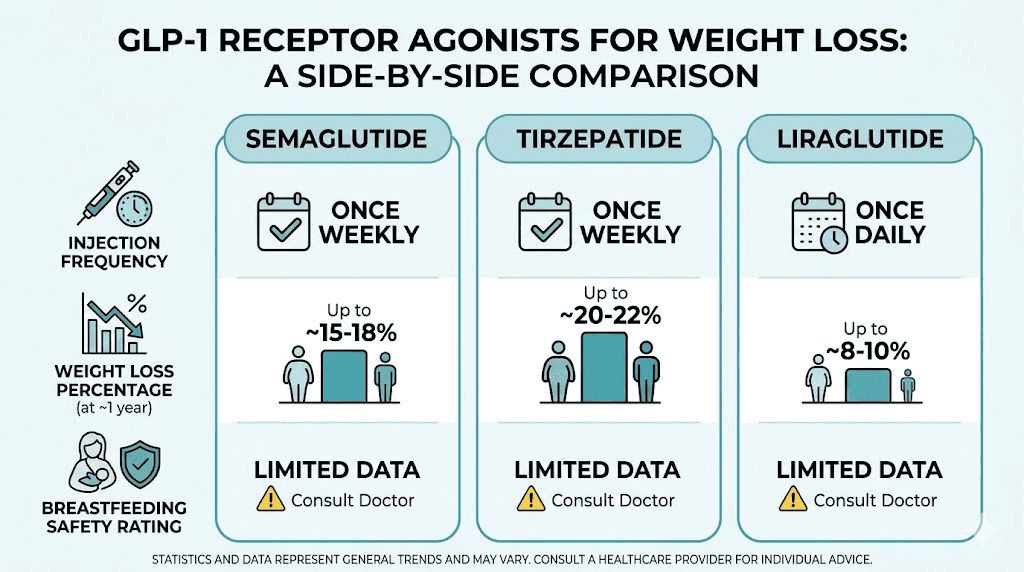 GLP-1 medication comparison chart for postpartum use showing semaglutide tirzepatide and liraglutide differences