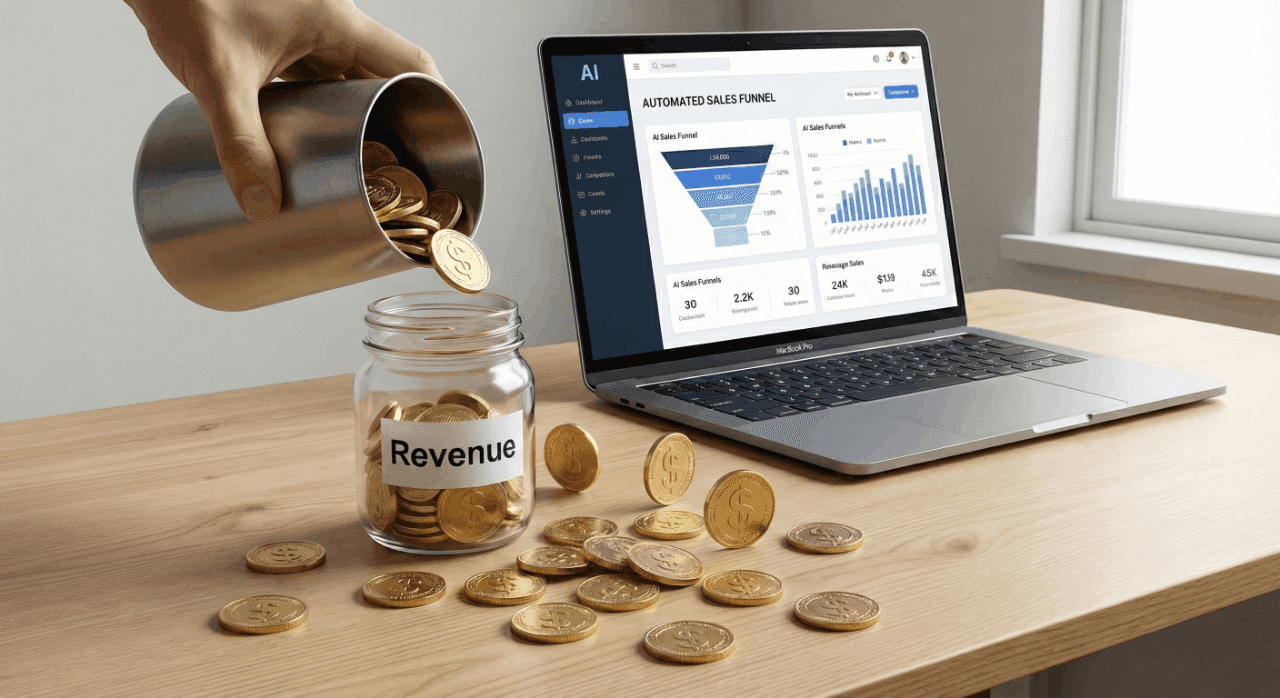 Concept of missed sales opportunities featuring spilling coins beside a computer monitor with sales analytics and funnel metrics.