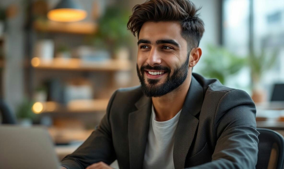 Man sitting down at a desk with computer
