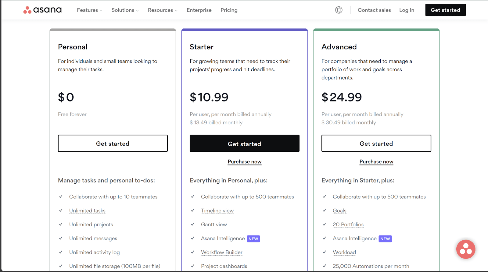 Screenshot of the Asana pricing page