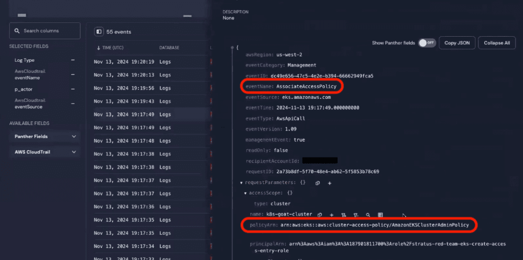 The AssociateAccessPolicy event shows the policyArn field confirms the access entry is associated with an AmazonEKSClusterAdminPolicy.