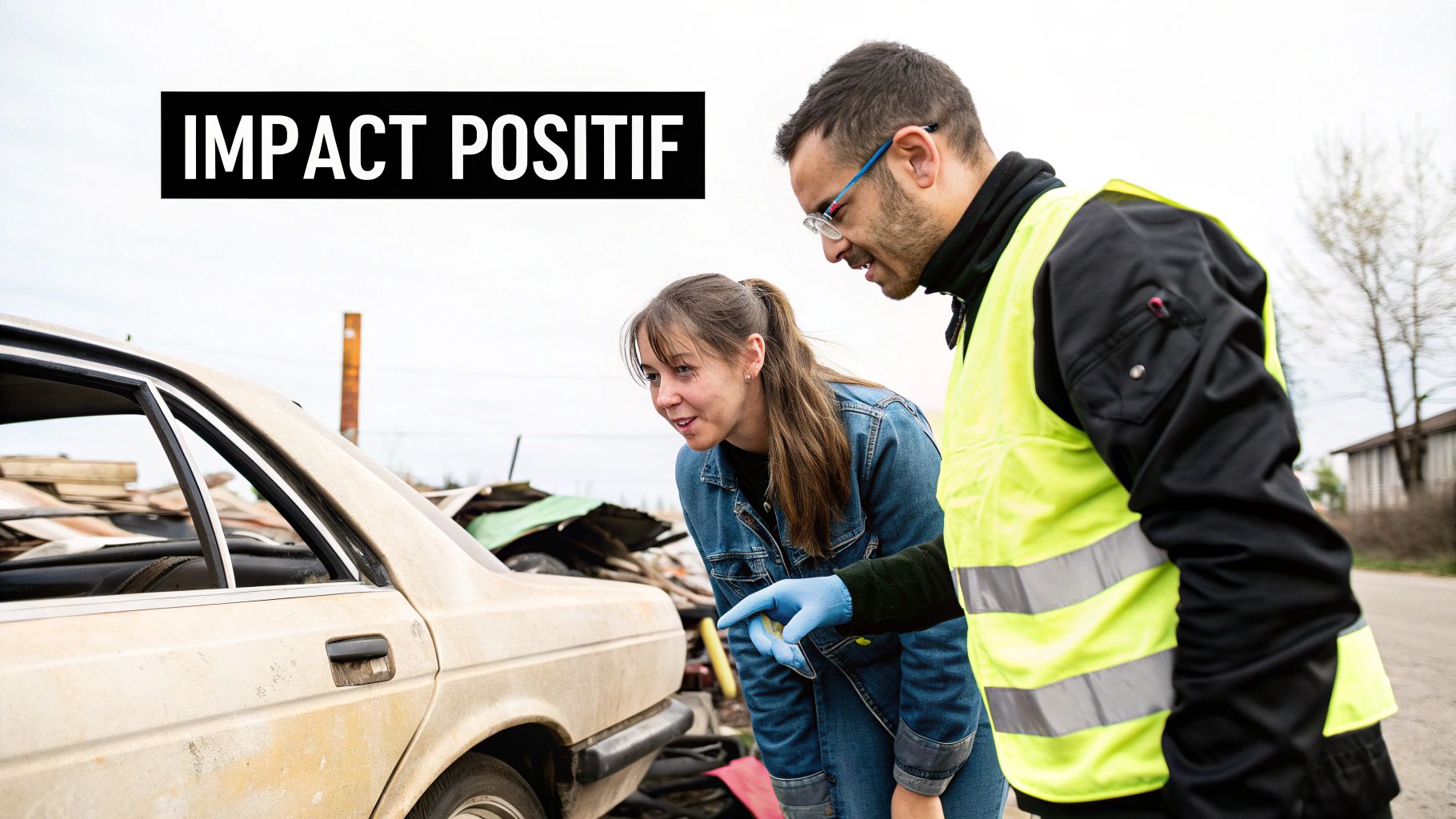 Un homme et une femme regardent une vieille voiture, l'homme pointe, avec le texte IMPACT POSITIF.