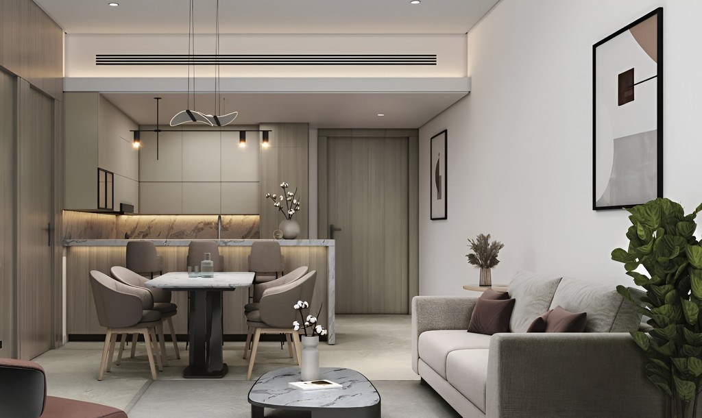 A modern living room featuring a dining table and chairs, located in Aizel Tower.