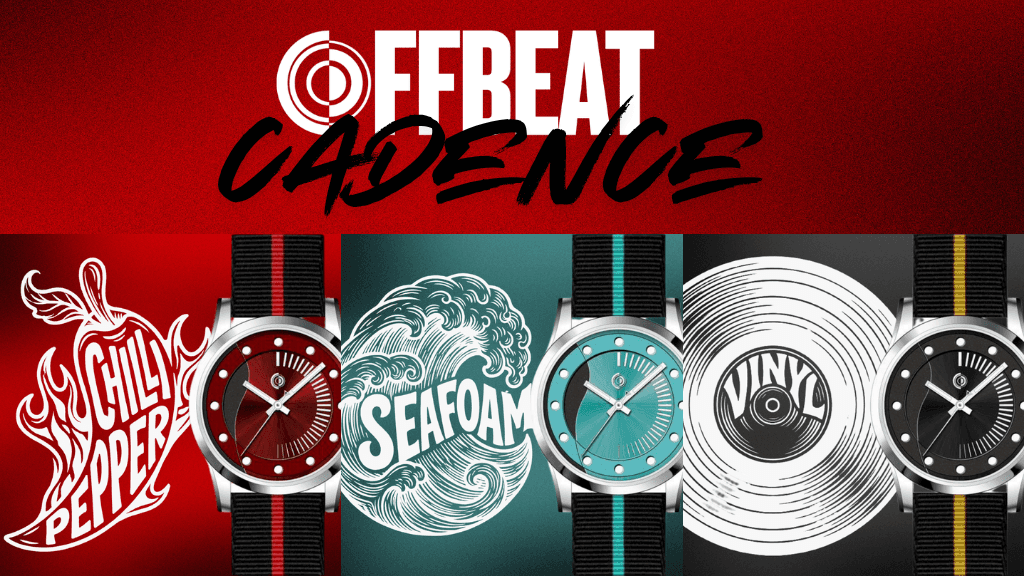 Offbeat Cadence automatic watches collection with red, teal, and black dials inspired by chilli, seafoam, and vinyl themes