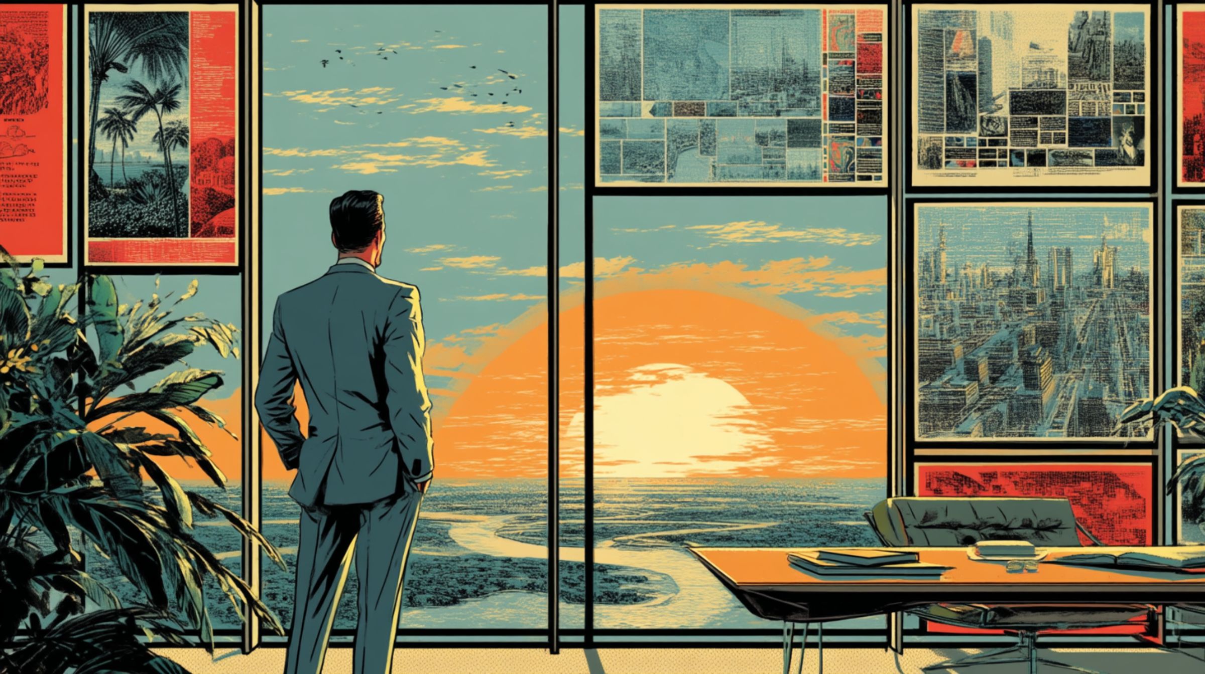 A lone creative stands before a glowing red horizon inside a glass high-rise — taste returning to the center of power.