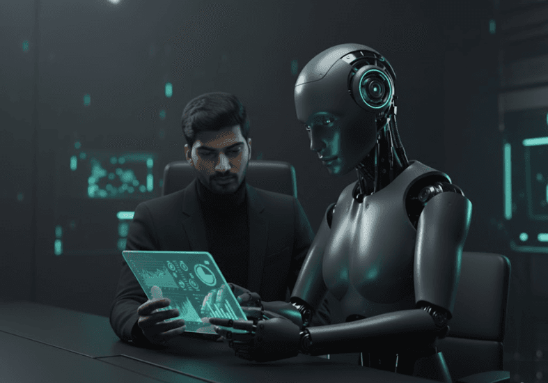 Conceptual image representing human collaboration with AI in digital marketing strategy.
