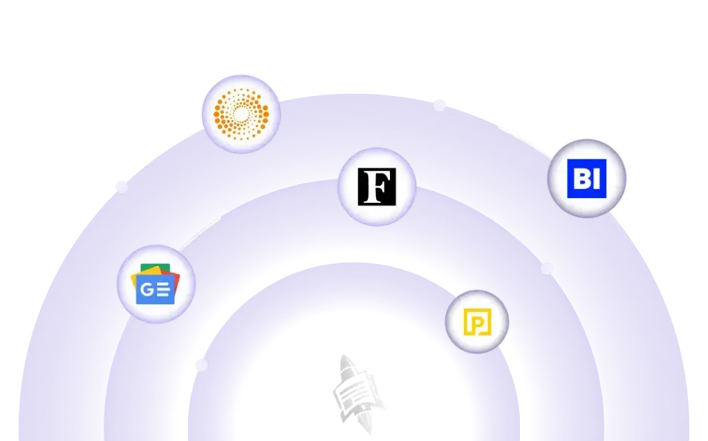 A graphic showing various logos or icons including a spiral, the Forbes logo, the Business Insider logo, and a Google logo, arranged in circular patterns.