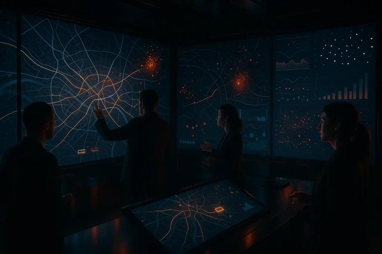 Digital Marketing experts at RockN' Socials analyze data on illuminated screens.
