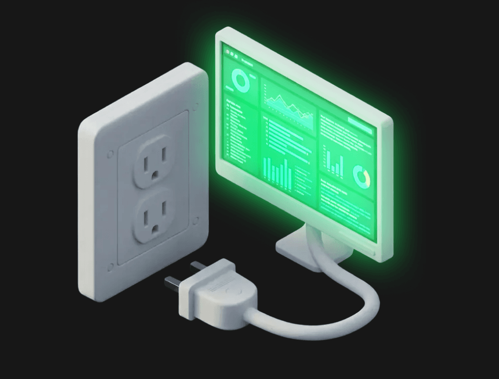 An isometric 3D illustration of a glowing monitor with a plug and outlet