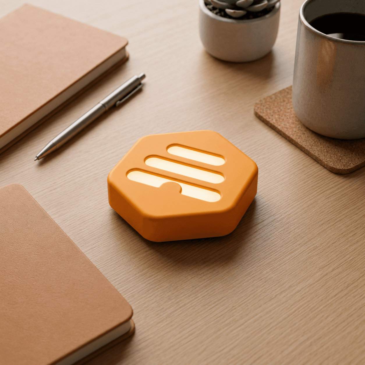 Orange HoneyBeacon device in close-up
