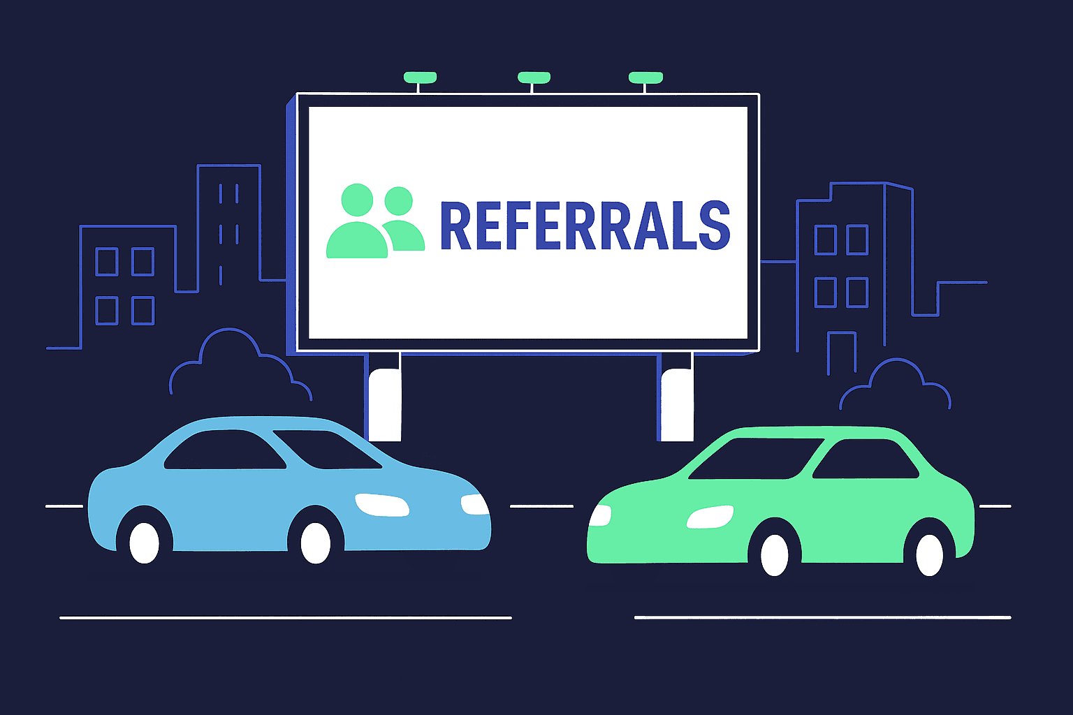 billboard with referrals written on it. two cars in front.