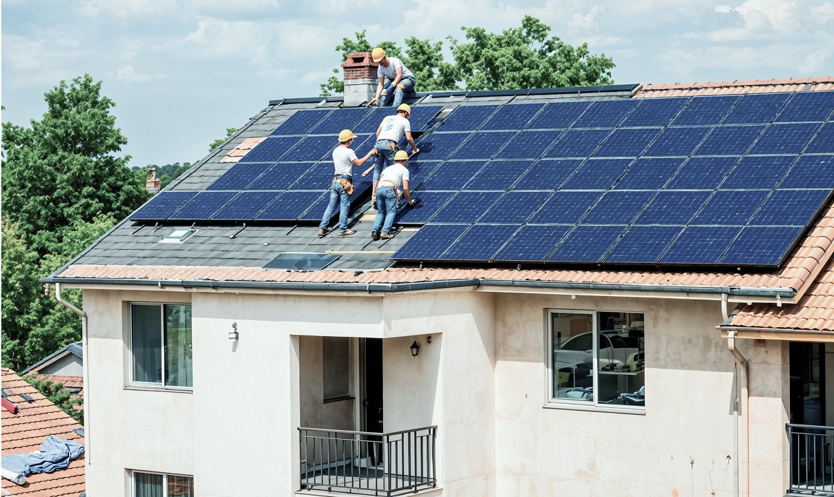 technician repairing solar panels