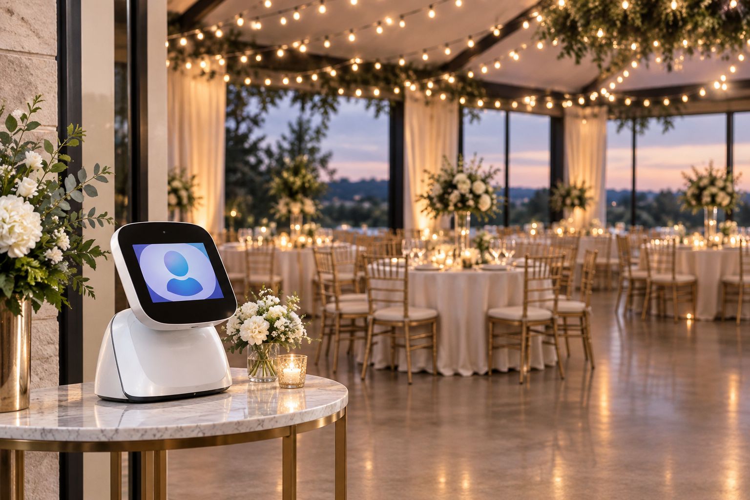 Empty wedding reception hall at dusk with a front desk phone near the entrance