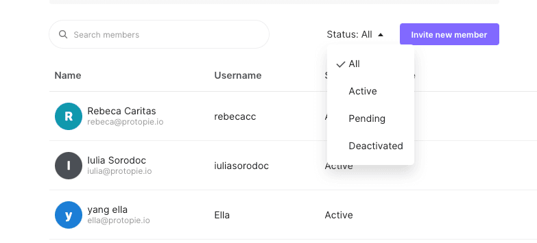 {'_type': 'localeString', 'en': "Member status filter in ProtoPie's Organization Settings "}