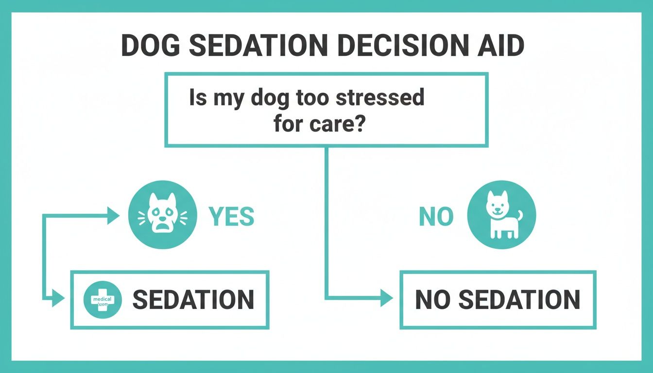 Flowchart for dog sedation decision aid, guiding if a dog is too stressed for care.