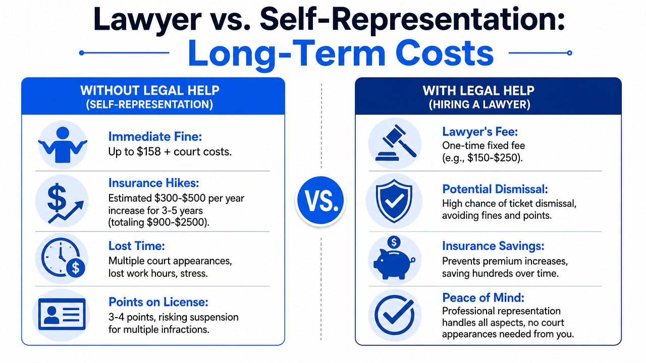 A comparison chart showing the long-term financial and time costs of self-representation versus hiring a lawyer.
