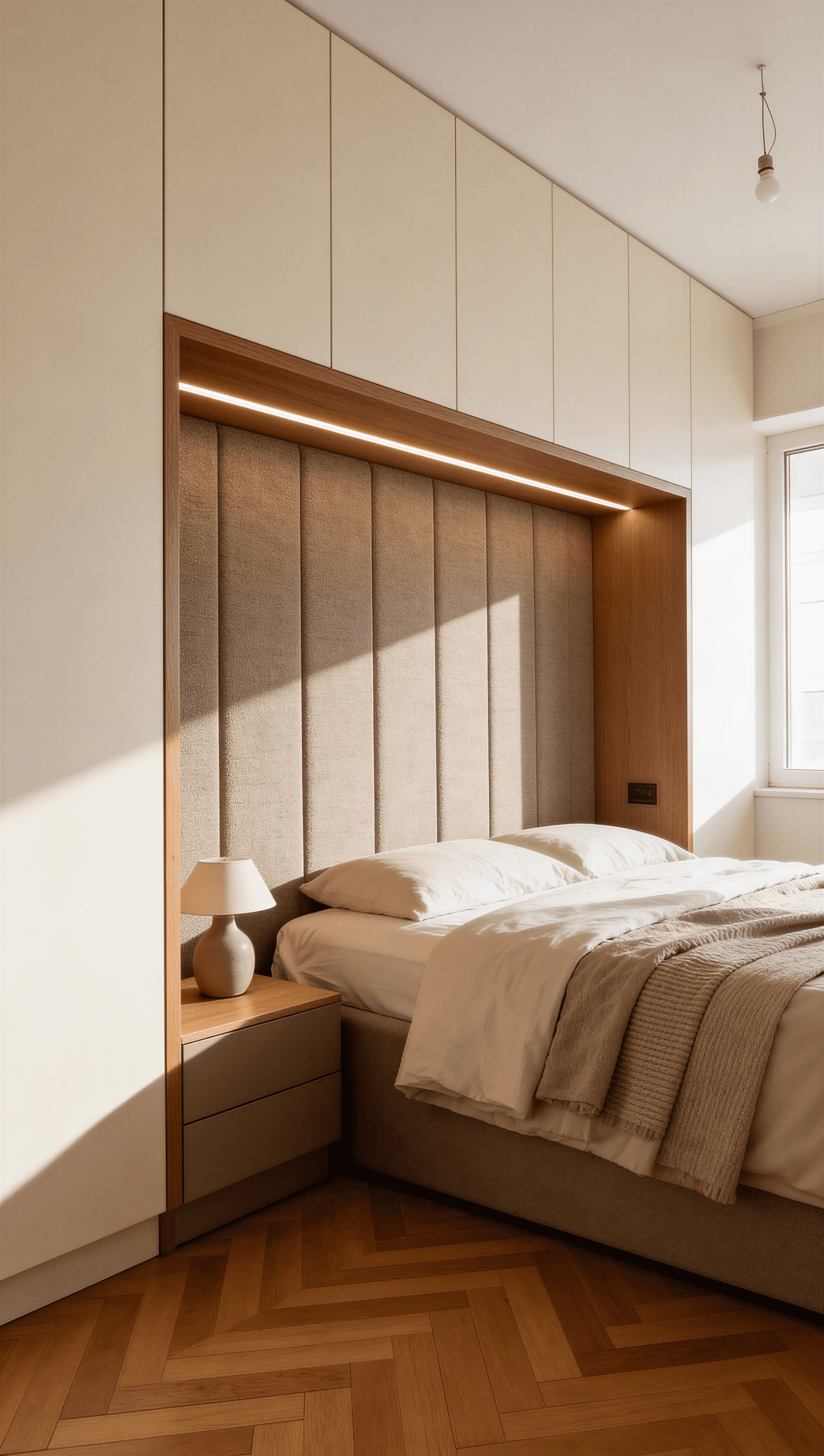 Dormitor modern cu panou riflat și nișă iluminată, fronturi crem și detalii din lemn.