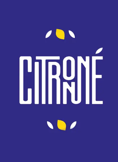 Logotype citroné avec deux petits citrons jaunes et un fond bleu 