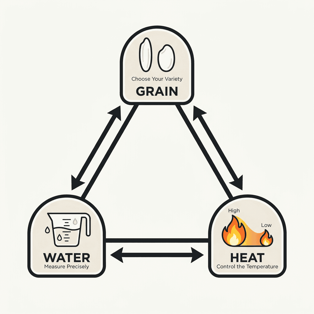 Triangular diagram showing grain, water, and heat as the three pillars of how to cook rice