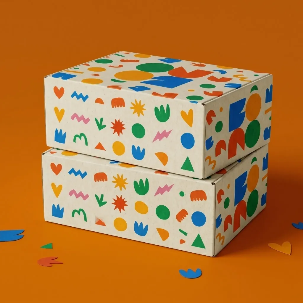 Colorful, abstract art design on stacked boxes. Expert branding.