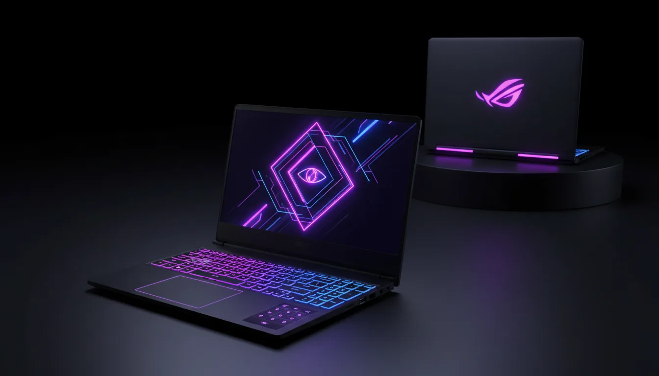 DSLR product photography of two high-performance ASUS ROG Strix gaming laptops in a dark, minimalist studio setting. The foreground laptop is open and angled, its screen displaying a vibrant abstract graphic in glowing neon purples and blues. The keyboard has full RGB backlighting in matching colors, and the trackpad is illuminated to show a virtual numpad. A second, closed laptop sits on a dark pedestal in the background, its lid featuring a glowing logo and a rear RGB light bar. Cinematic contrast lighting with deep shadows and soft highlights from the laptop's own illumination. The laptops rest on a dark, glossy surface creating subtle, colorful reflections, with a shallow depth of field focusing on the foreground machine.
