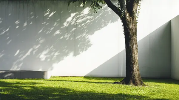 Minimal backyard with tree and clean lawn, modern outdoor space