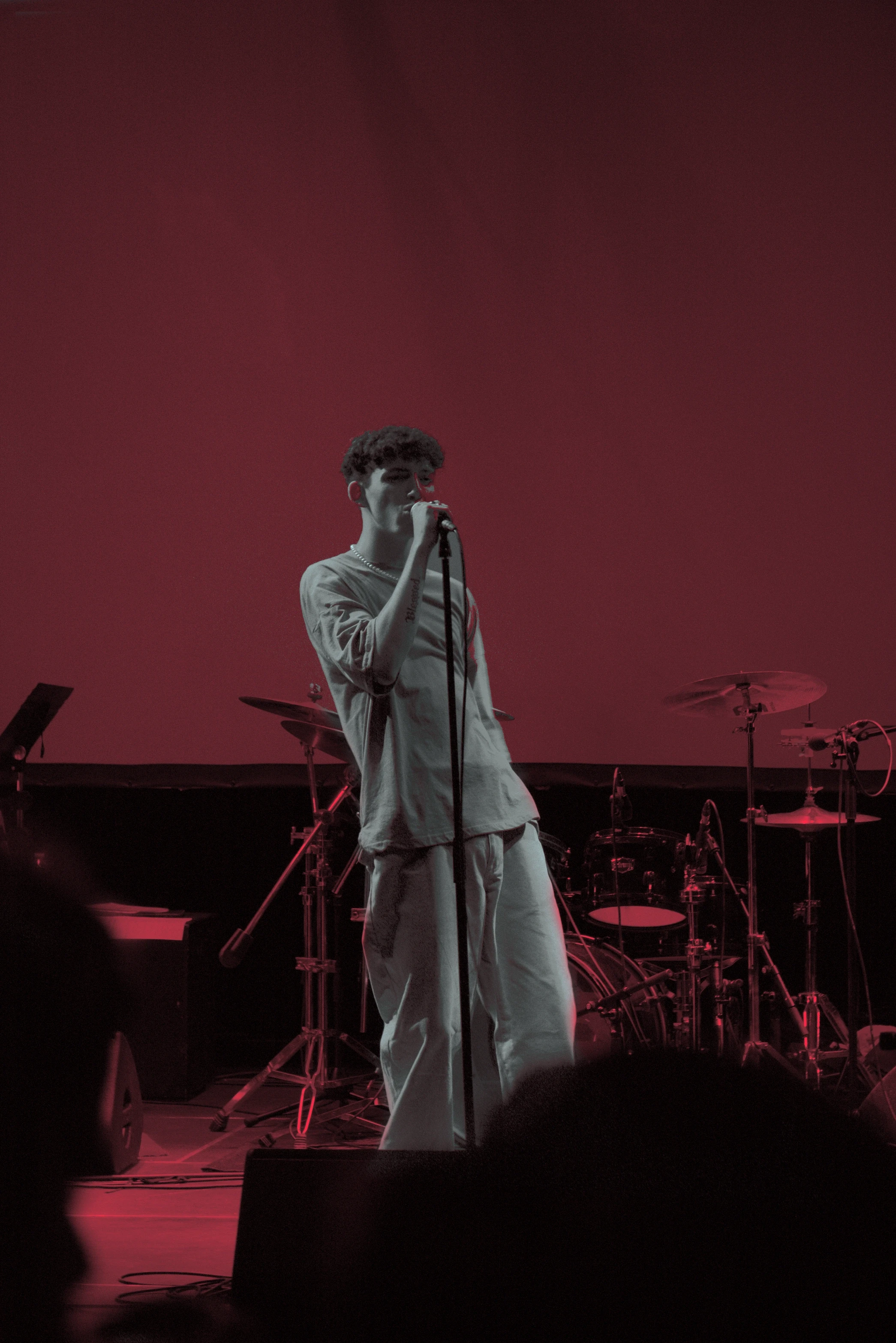 A performer stands on stage, holding a microphone, with a red backdrop and instruments visible in the dim lighting.