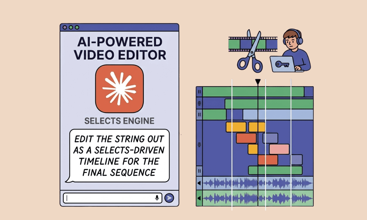 Illustration of a chat interface showing the Selects Engine AI-powered video editor alongside a multi-track editing timeline with color-coded clips and audio waveforms, representing Claude prompting Selects to build a stringout for the final sequence.